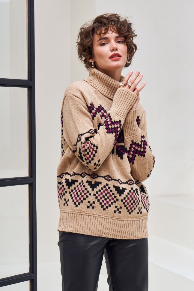 Теплий светр із норвезьким орнаментом «Берта» (беж, чорний, фуксія)