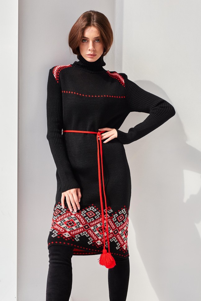 Тепла сукня вишиванка «Солов'їна» (чорний, червоний, білий)