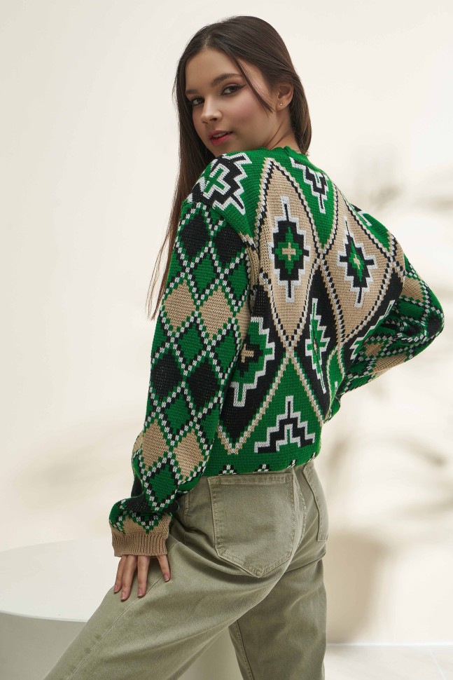 Принтований в'язаний светр «Бренді» (зелений, пісочний, чорний, білий)