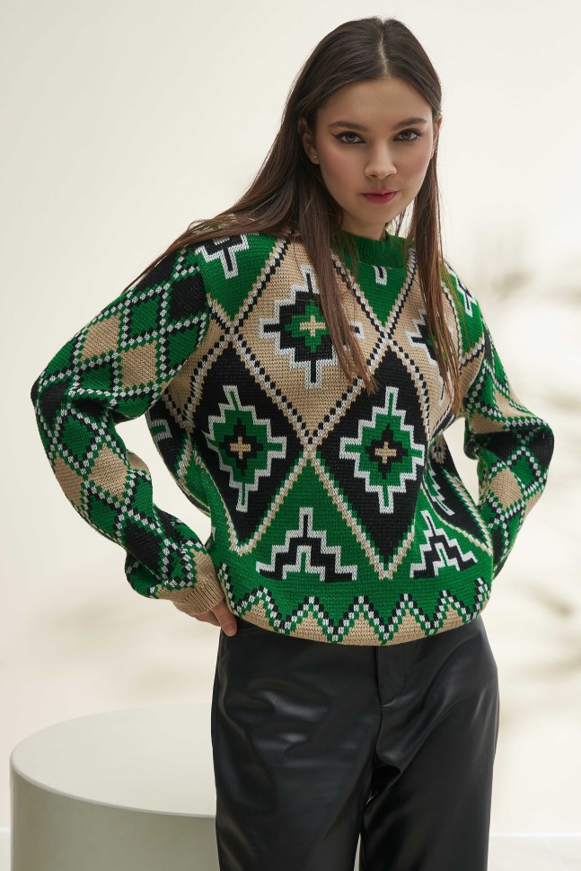 Принтований в'язаний светр «Бренді» (зелений, пісочний, чорний, білий)