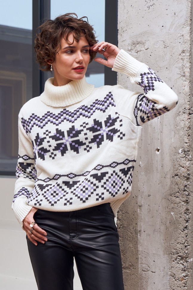 Теплий светр із норвезьким орнаментом «Берта» (молоко, графіт, ліловий)