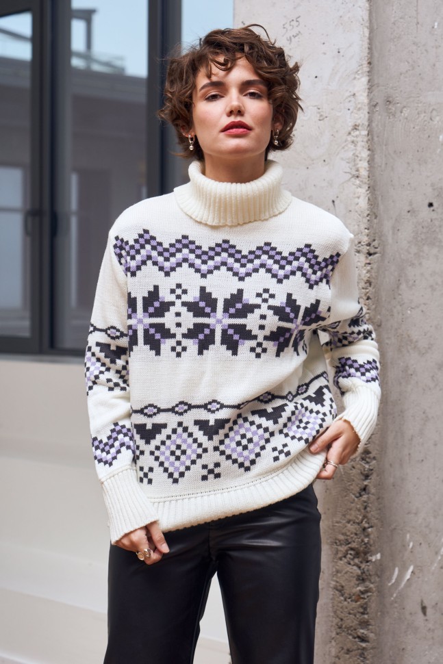 Теплий светр із норвезьким орнаментом «Берта» (молоко, графіт, ліловий)