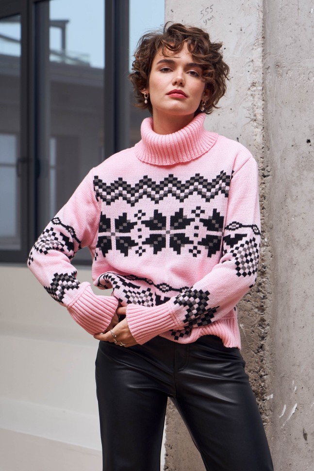 Теплий светр із норвезьким орнаментом «Берта» (рожевий, чорний, графіт)