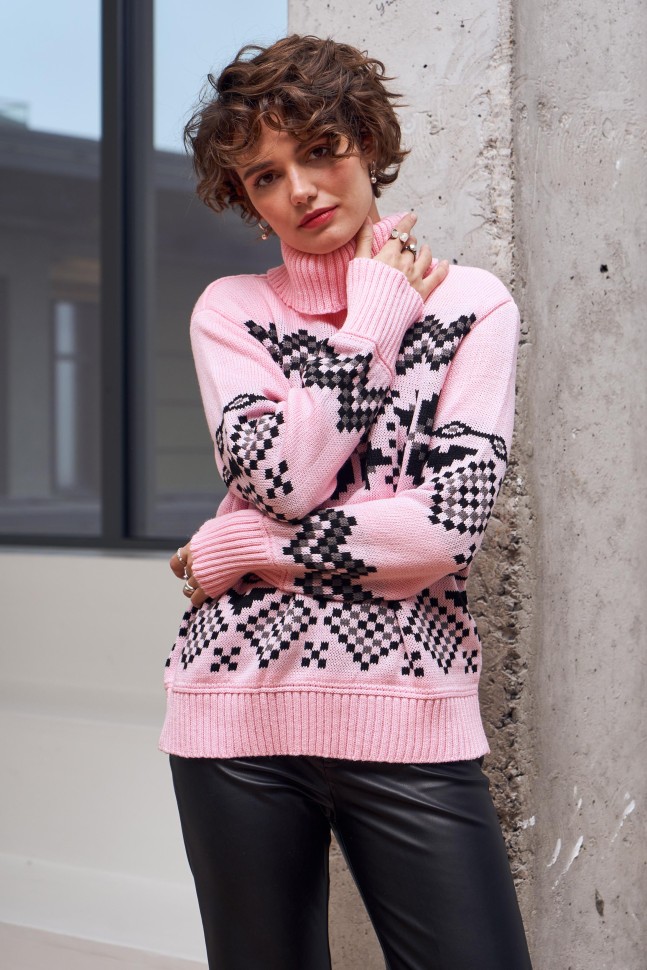 Теплий светр із норвезьким орнаментом «Берта» (рожевий, чорний, графіт)